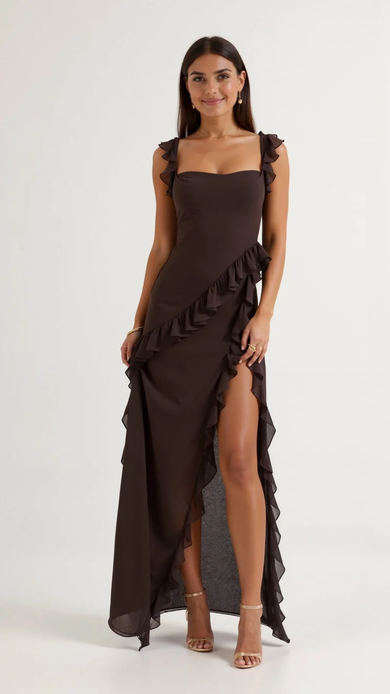 Women's Evening Maxi Dress with Ruffles and Slit