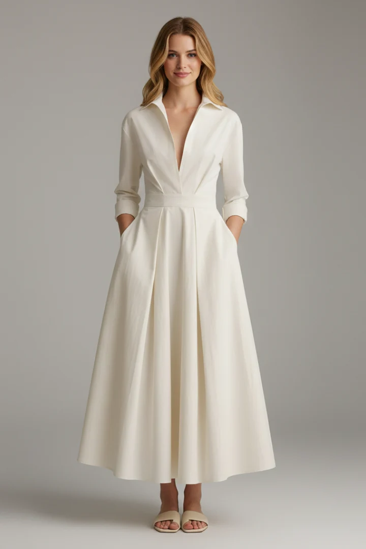 Women's Midi Dress with Collar and Button Closure