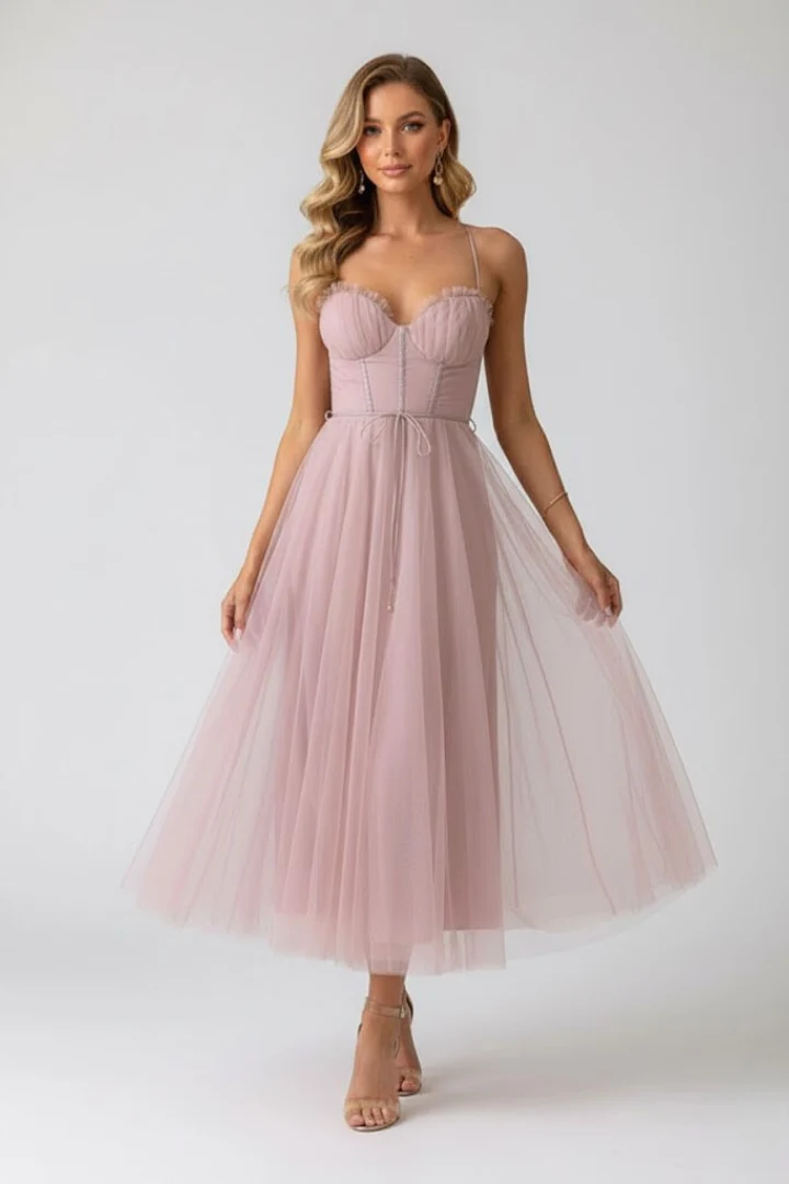 Women's Midi Dress with Heart-Shaped Neckline for Special Occasions