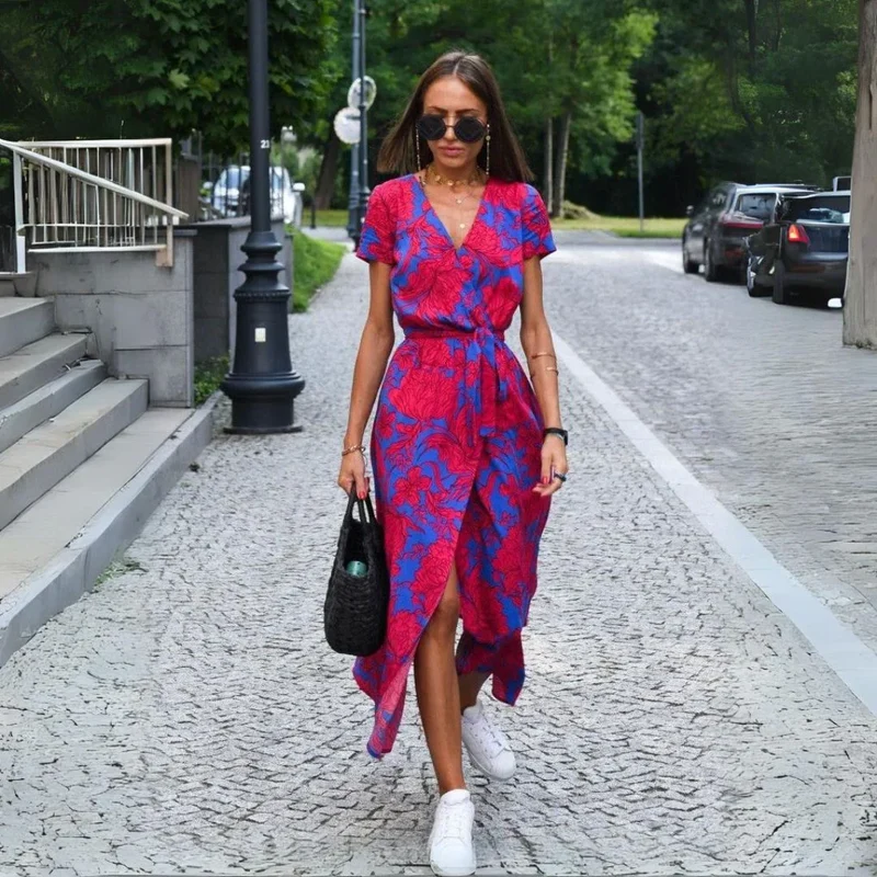 Women's Midi Dress V-Neck Fitted Cut Elegant Style