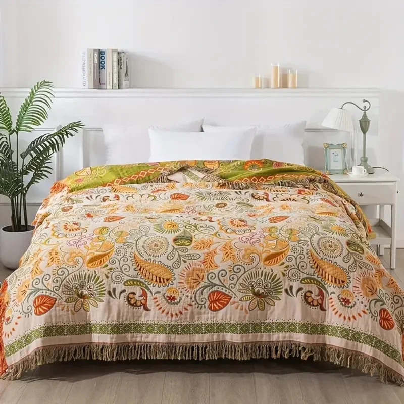 Boho double-sided fringed blanket Cozy cover for sofa and bed