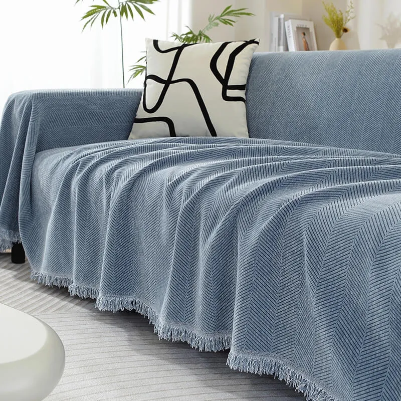 Herringbone Sofa Cover with Fringes Protective Decorative Throw