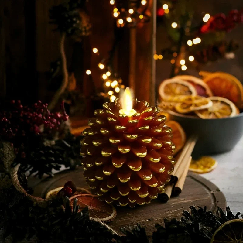 Rustic flameless pinecone candles for interior decoration