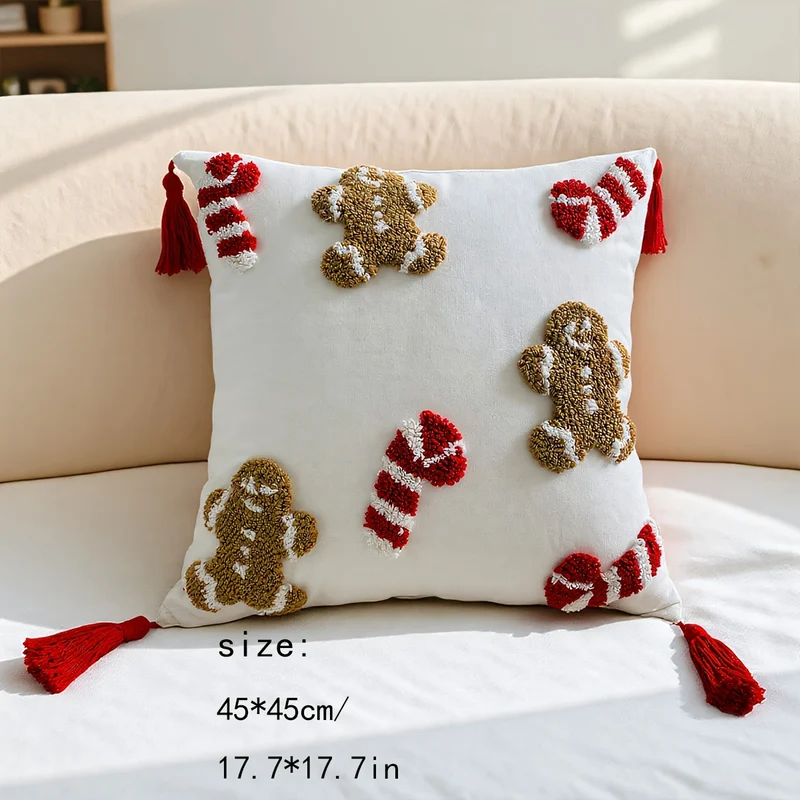 Holiday Pillowcase with Embroidered Gingerbread and Candy Cane Pattern