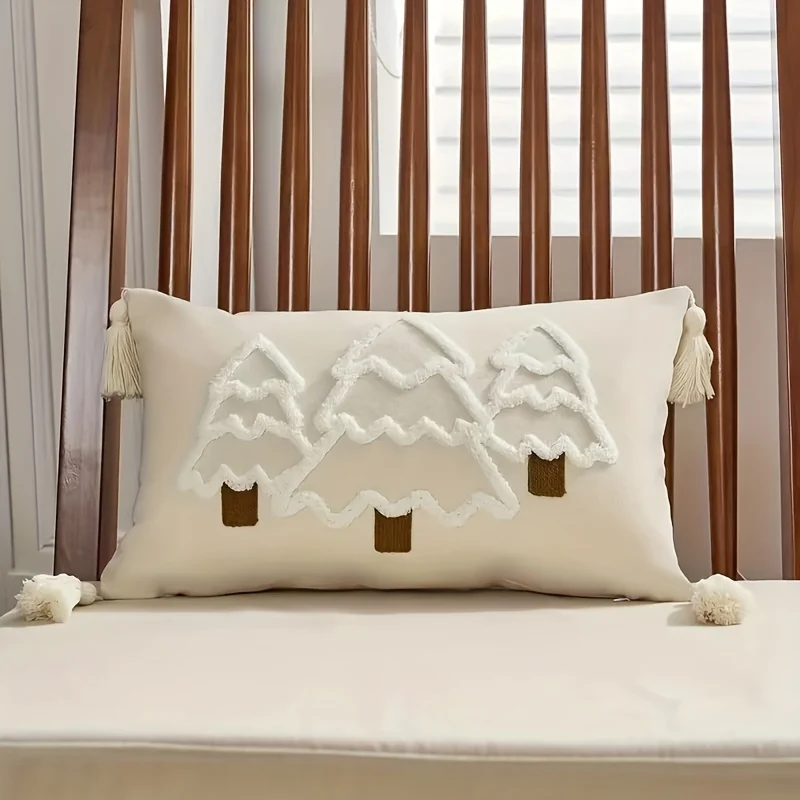 Holiday Pillowcase with Embroidered Christmas Tree Motif and Zipper