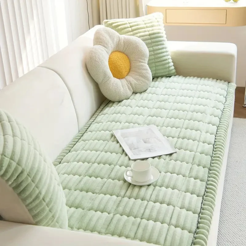 Thick plush sofa cover with pleated edges