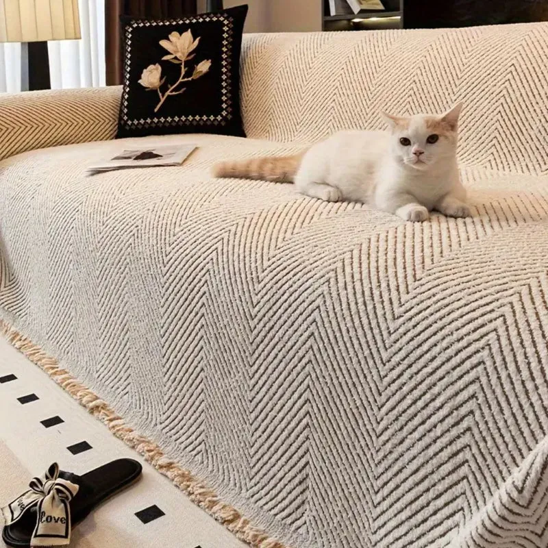 Protective striped herringbone sofa cover for home