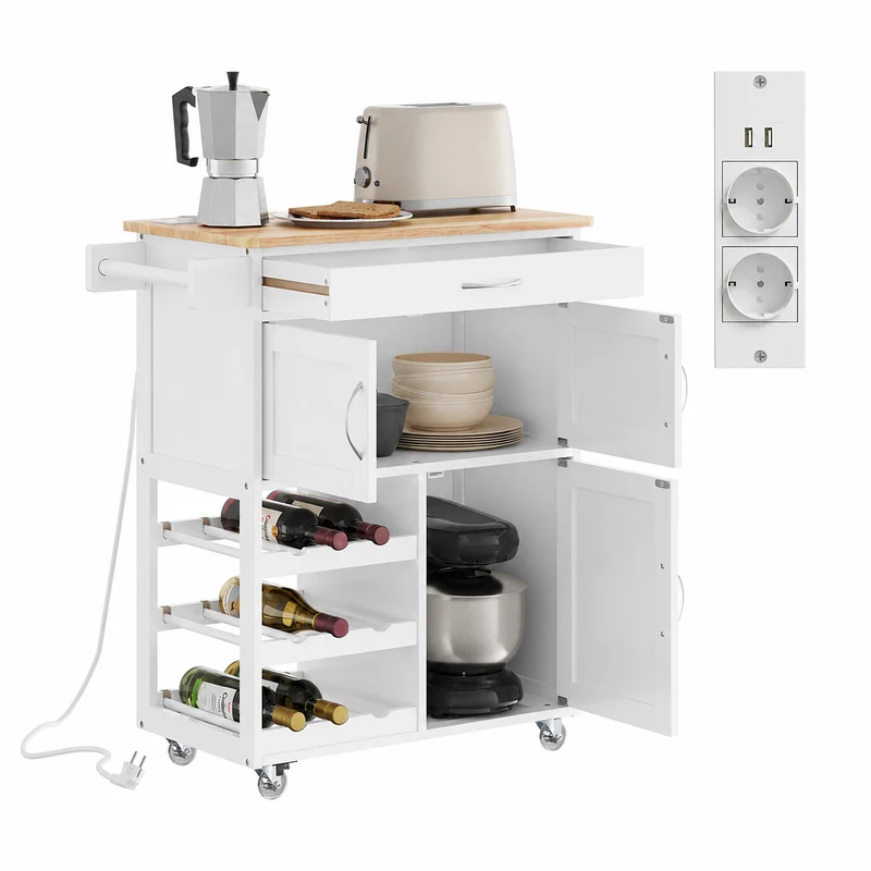 SoBuy FKW45-E-WN Carrito de Cocina con Enchufe y patas intercambiables Blanco