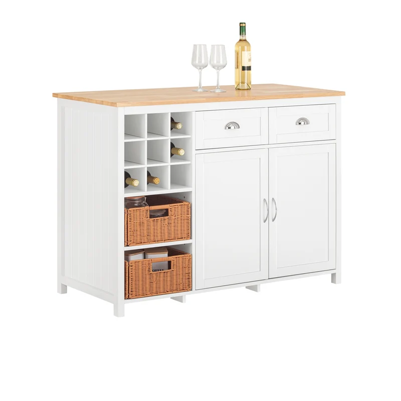 SoBuy KNL05-W Aparador de Cocina 120cm con 2 Cestas Ratán y Vinoteca Blanco