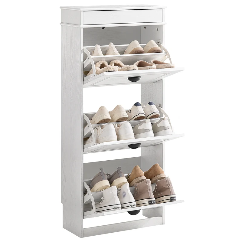 SoBuy FSR94-WG Zapatero Estrecho con 3 Solapas Madera Envejecida Blanca