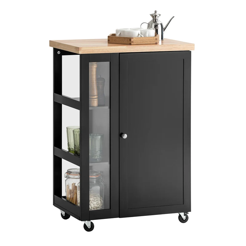 SoBuy FKW75-SCH Carrito Auxiliar de Cocina Negro con 1 Puerta y 3 Estantes Laterales