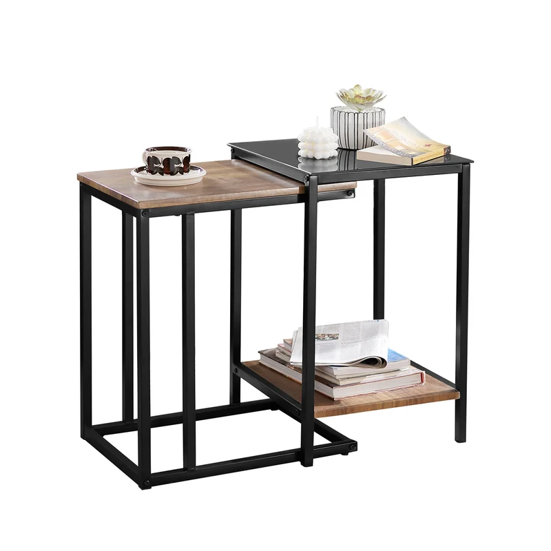 SoBuy FBT99-F Set de 2 Mesas Auxiliares Madera y Vidrio Negro
