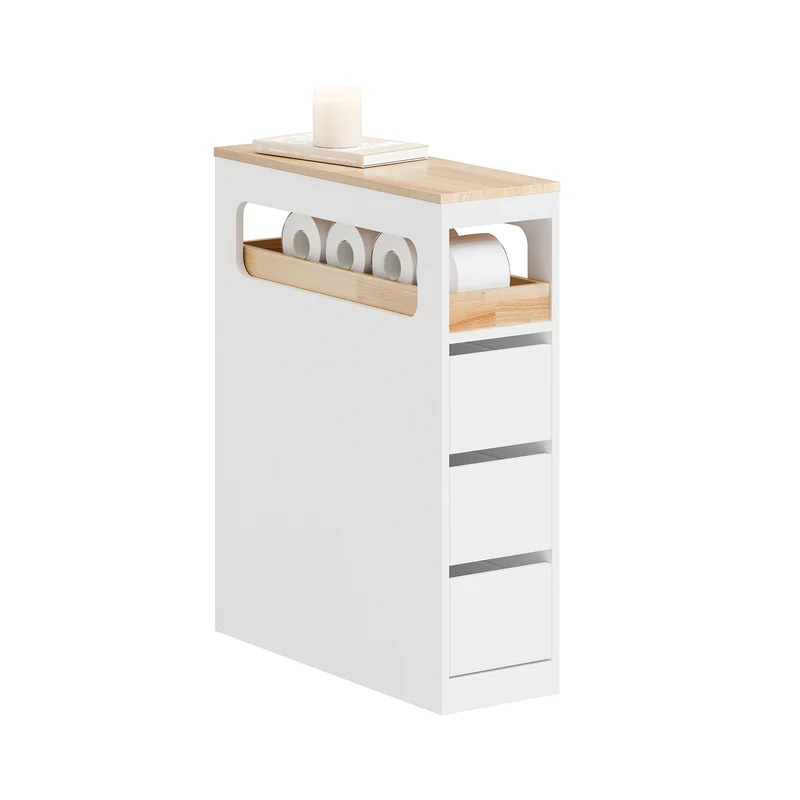 SoBuy BZR54-II-W Carrito Estrecho con 1 Bandeja Extraíble y 3 cajones Blanco y natural