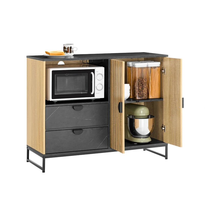 SoBuy FSB103-N Aparador de cocina y salón con hueco para microondas (Ø6 cm) y portacopas roble/negro