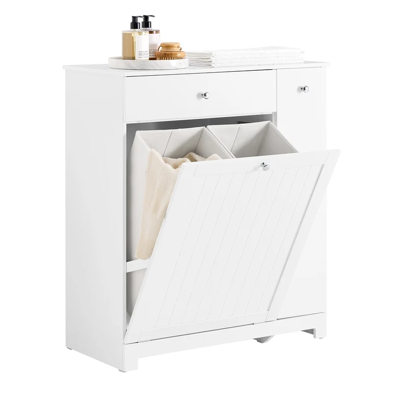 SoBuy BZR214-W Mueble Baño con Cestos para Ropa con Cajón, 2 Cestos Extraíbles y Compartimento Deslizante