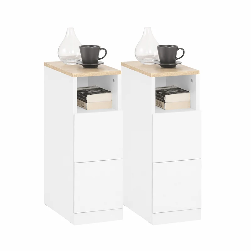 SoBuy FBT149-WNx2 Set de 2 Mesitas de Noche Estrechas 20cm con Cajones