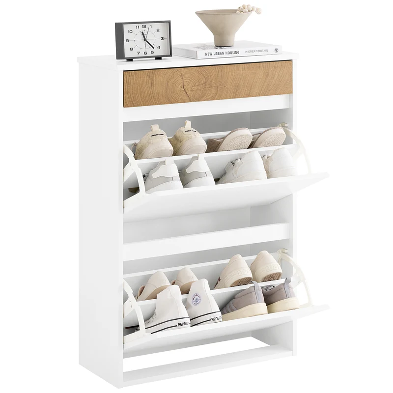 SoBuy FSR205-WN Zapatero Entrada con 2 Puertas Abatibles y Estante Blanco y Madera