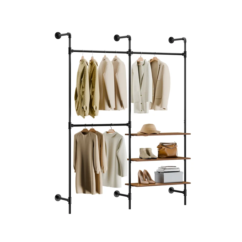 SoBuy KLS18-SCH Perchero de pared industrial con 3 barras y 3 estantes de MDF Negro