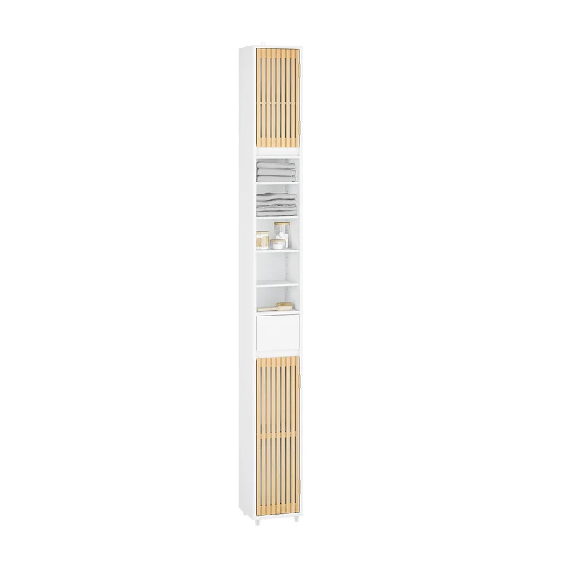 SoBuy BZR34-BW Armario Estrecho de Baño con Puertas de Bambú Blanco 20x20x180cm