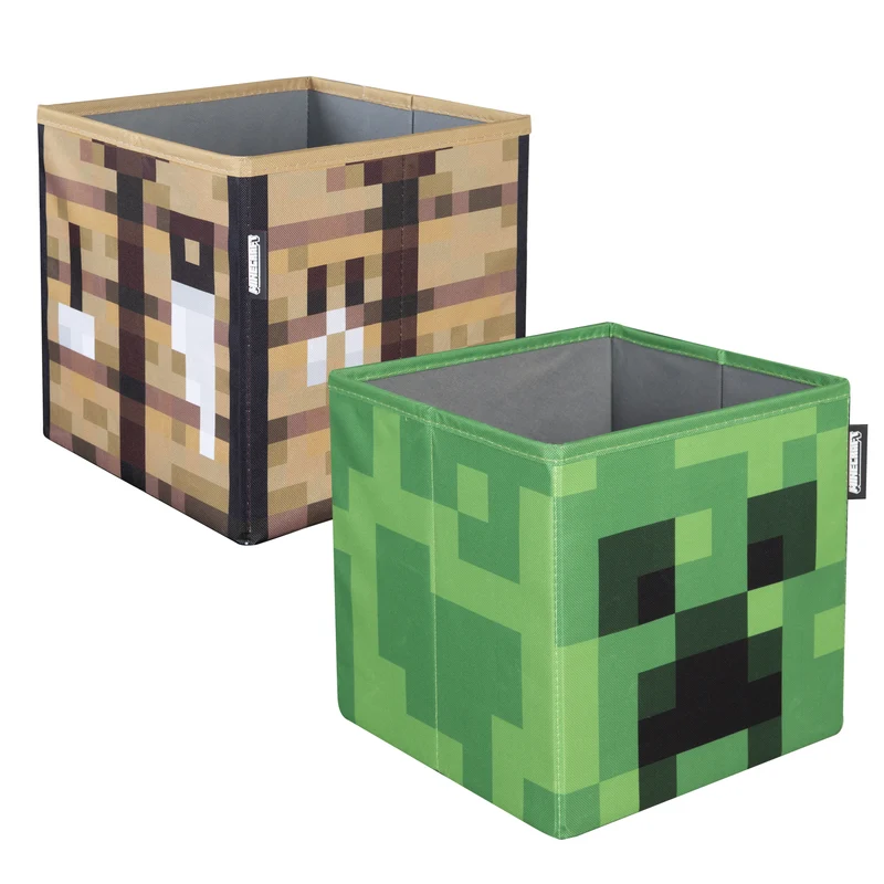 Stoffboxen 2er Set 'Minecraft' aus Canvas - Faltbar - Creeper und Holzbox