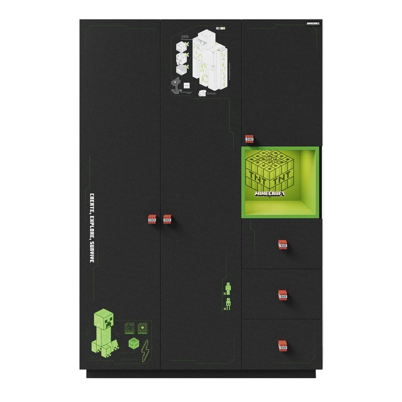 Kleiderschrank 'Minecraft' 3-türig - Carbon-Optik - Schwarz / Grün