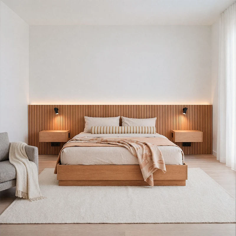 Stoa Wall-to-Wall Headboard with Floating Bedside Tables · Oak Decor - 160 cm Bed