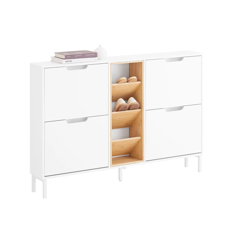 SoBuy FSR183-WN Zapatero con 4 Puertas y 3 Compartimentos Abiertos Blanco Madera