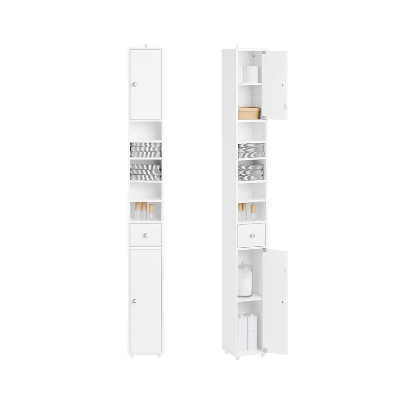 SoBuy BZR167-GW Mueble Columna de Baño con 5 Estantes Abiertos 2 Puertas y 1 Cajón Blanco