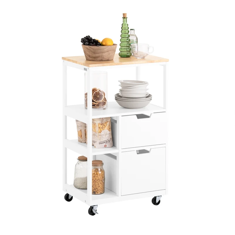 SoBuy FKW111-WN Carrito Auxiliar Cocina 53cm con 2 Cajones 3 Estantes y Ruedas Blanco Natural