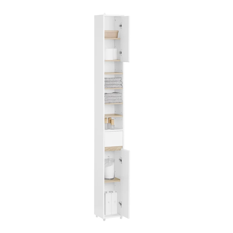 SoBuy BZR34-WN Mueble Columna de Baño estrecho con 2 Puertas y 1 Cajón Blanco