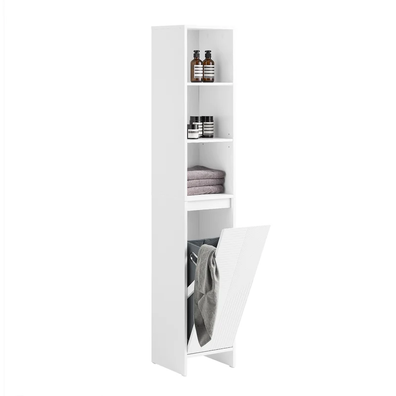 SoBuy BZR158-W Mueble Columna de Baño con 1 Cesto Blanco 30 x 30 x 170 cm