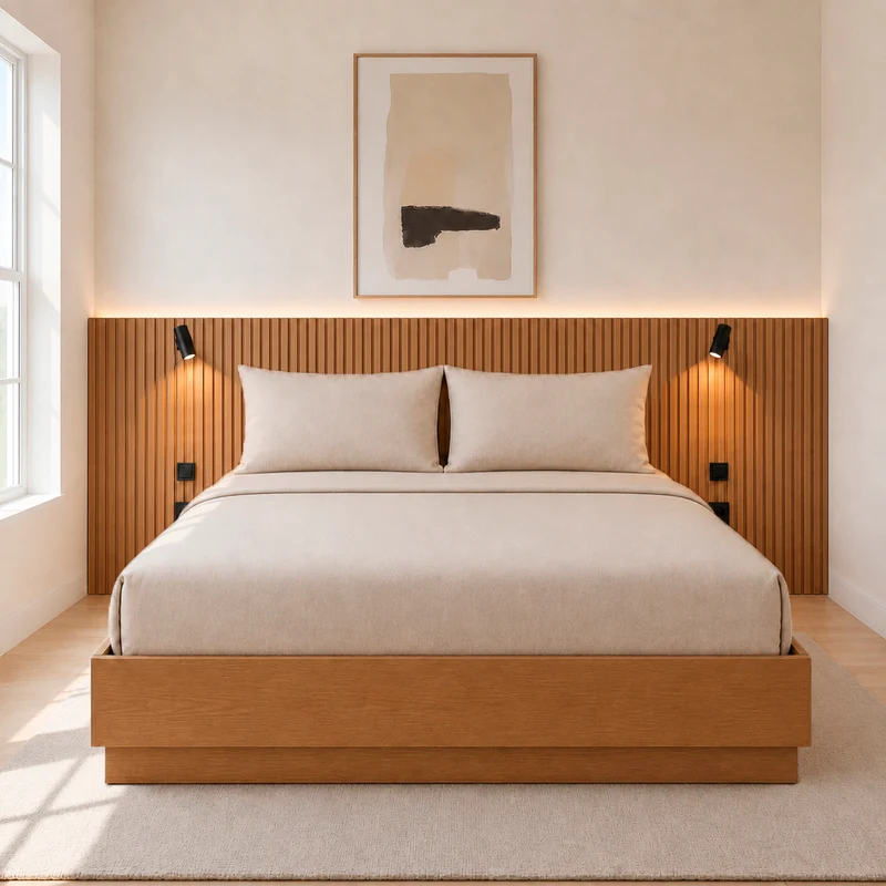 Stoa Wood Slat Headboard · Oak Decor, Integrated Lighting - 180 cm Bed