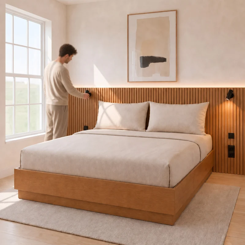 Stoa Wall-to-Wall Headboard · Oak Decor, Integrated Lighting - 150 cm Bed