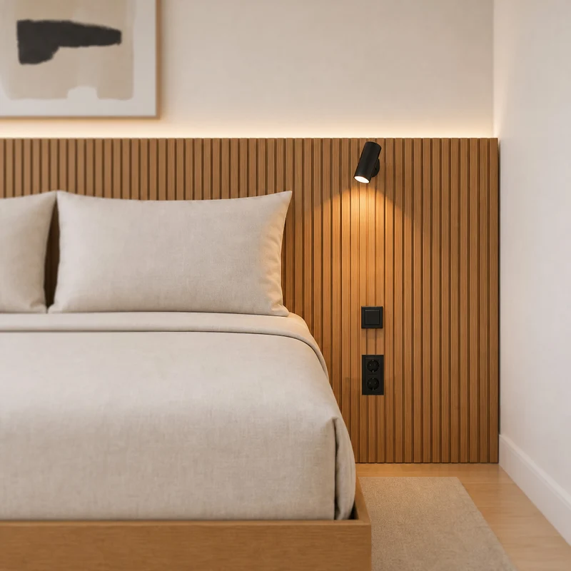 Stoa Made-to-Measure Headboard · Oak Decor, Integrated Lighting - 160 cm Bed