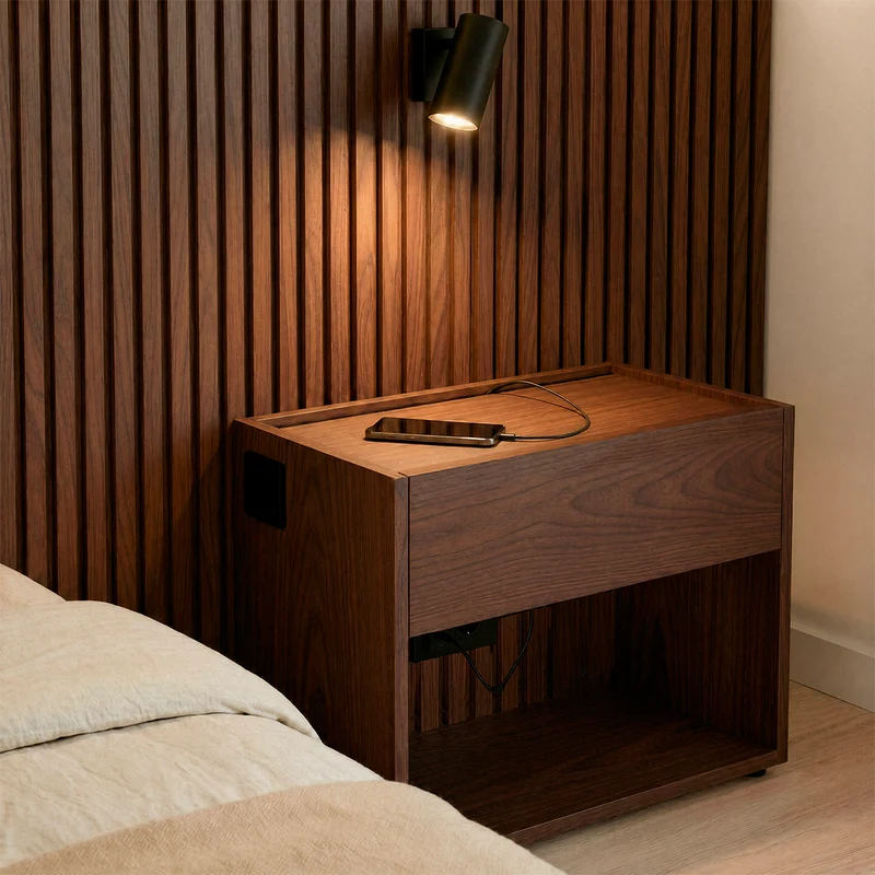Stoa Headboard with Integrated Bedside Tables · Walnut Decor - 200 cm Bed