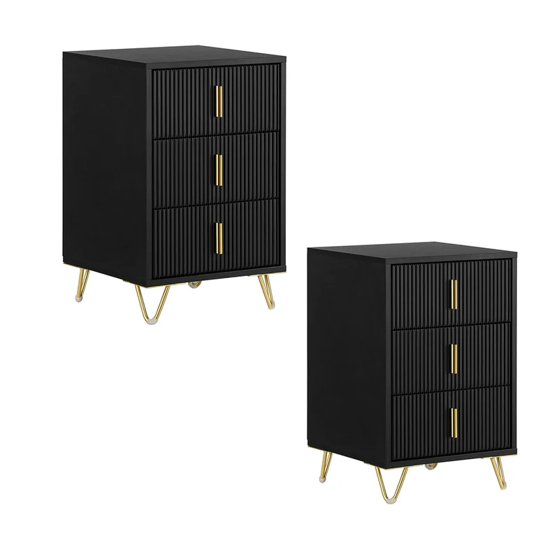SoBuy FBT115-L-SCHx2 Set de 2 Mesitas de Noche con 3 Cajones Negro 40x40x63 cm