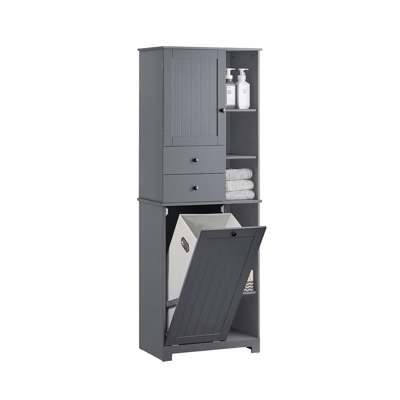 SoBuy BZR104-DG Armario Alto de Baño con cesto de ropa 6 Estantes y 2 Cajones Gris