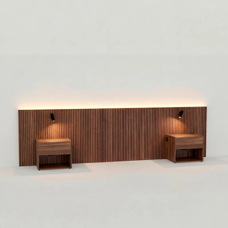 Stoa Wall-to-Wall Headboard with Side Tables · Walnut Decor - 180 cm Bed