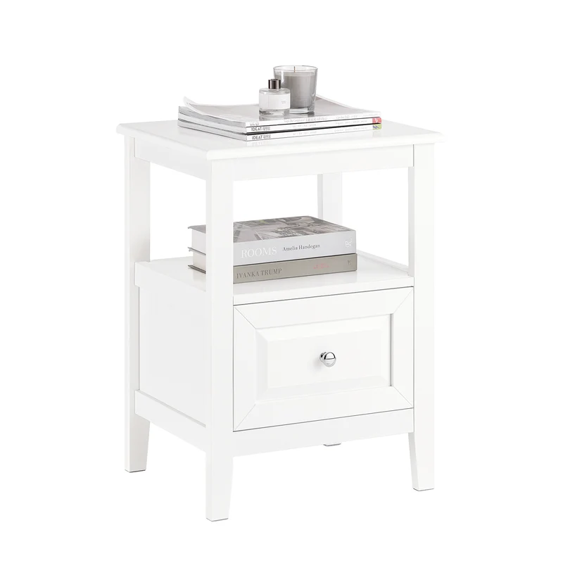 SoBuy FBT131-W Mesita de Noche con 1 Cajón y 1 Estante Blanco