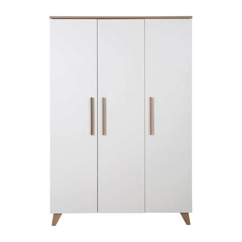 Kleiderschrank 'Ole' 3-türig mit Holzgriffe & -füßen - Weiß / Eichen-Dekor