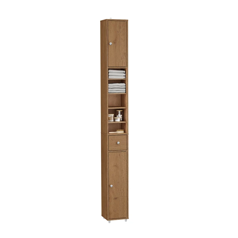 SoBuy BZR34-II-PF Mueble Columna de Baño con 5 Estantes Abiertos 2 Puertas y 1 Cajón Marrón