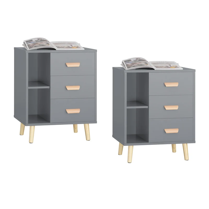 SoBuy FBT95-HGx2 Set de 2 Mesas Auxiliares Mesita de Noche con 3 Cajones Gris
