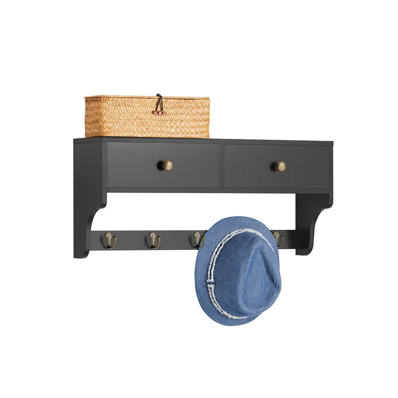 SoBuy FRG178-SCH Estantería moderna de pared con 5 ganchos y 2 cajones 60 x 15 x 27 cm