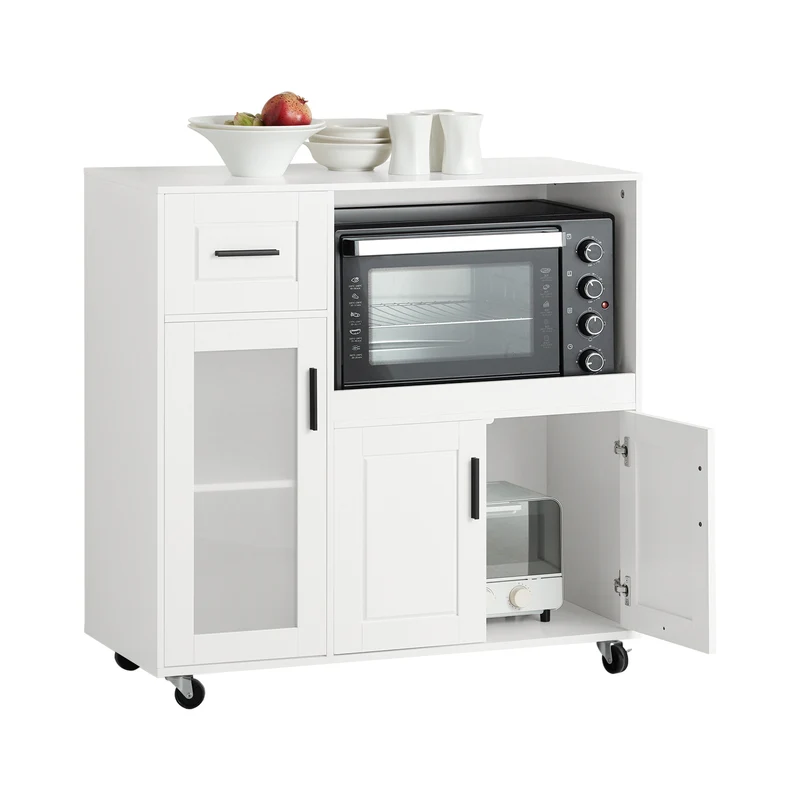 SoBuy FSB78-W Aparador de Cocina para Microondas con Ruedas con 3 Puertas y 1 Cajón