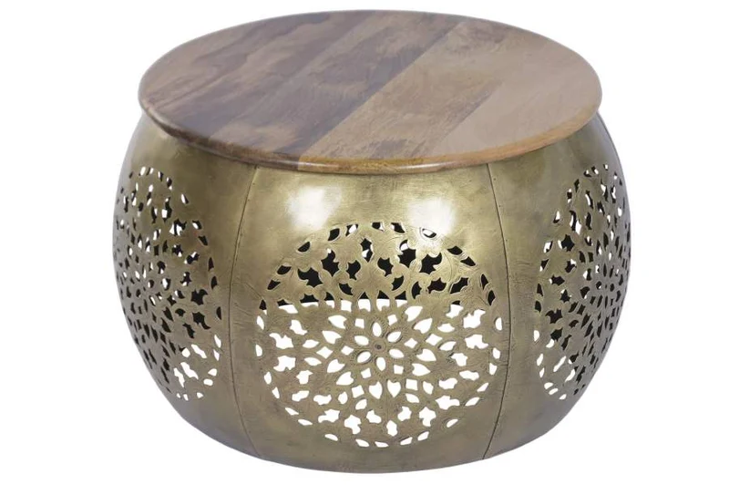 MESA CENTRO HIERRO MANGO 59X59X40 TALLADO DORADO