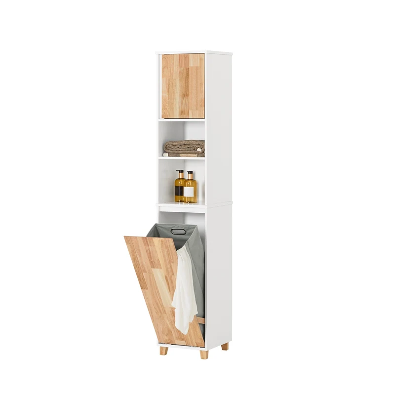 SoBuy BZR74-W Mueble Columna de Baño con 1 Cesto para Ropa Sucia Natural y Blanco