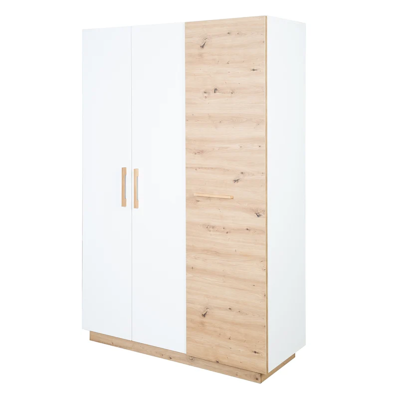 Kleiderschrank 'Lion' 3-türig - Weiß / Holzdekor 'Artisan Eiche' - Griffe aus massiver Eiche