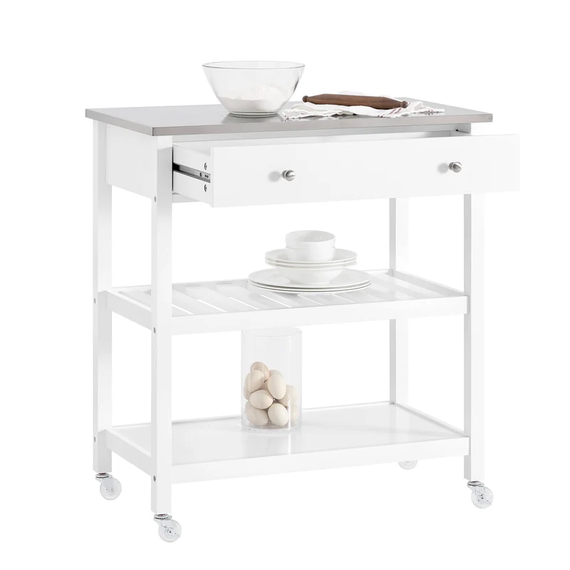 SoBuy FKW47-II-W Carrito de Servir con Encimera de Acero Inoxidable 2 Estantes y 2 cajones 81x90x45cm