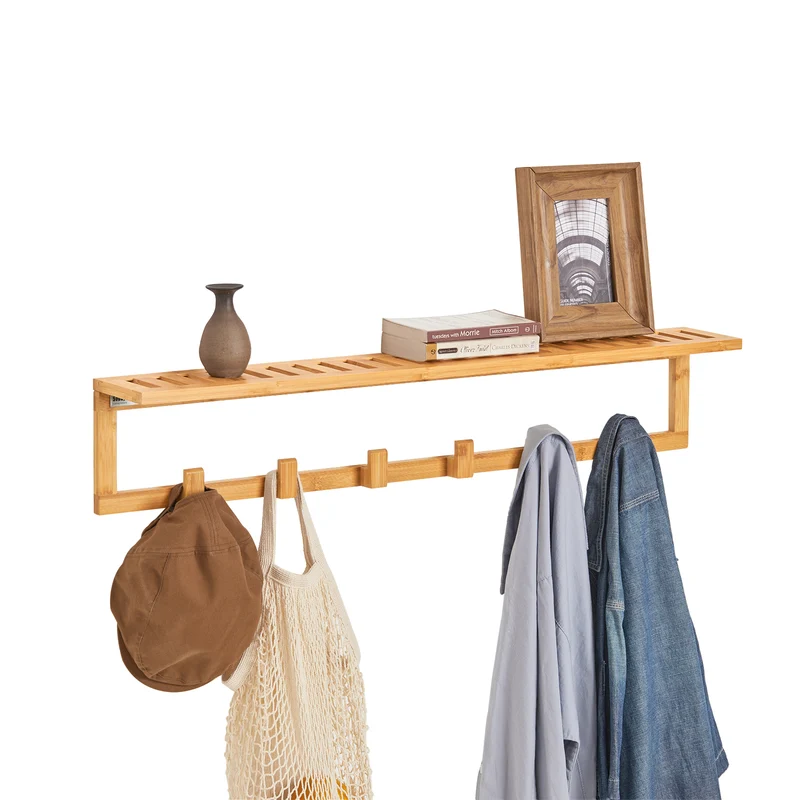 SoBuy FHK06-N Perchero de Pared con 6 Ganchos y 1 Estante Bambú