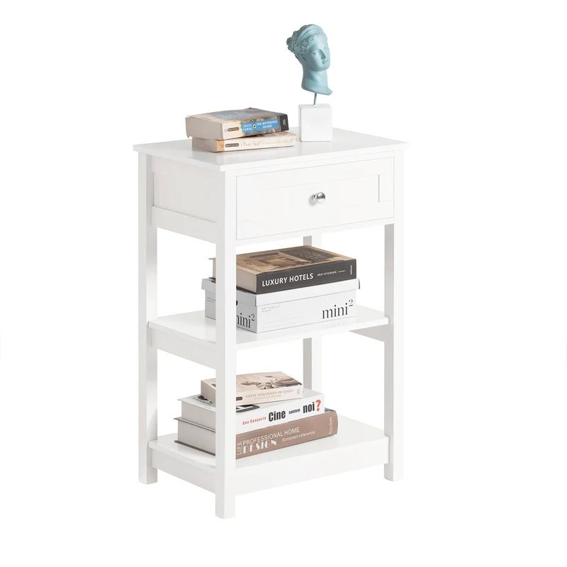 SoBuy FBT46-W Mesa Auxiliar con 1 cajón y 2 Estantes Blanco